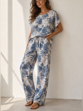 100% LINEN Toile Safari Print Top + Pants SET | Size S | NWOT | Made in Italy